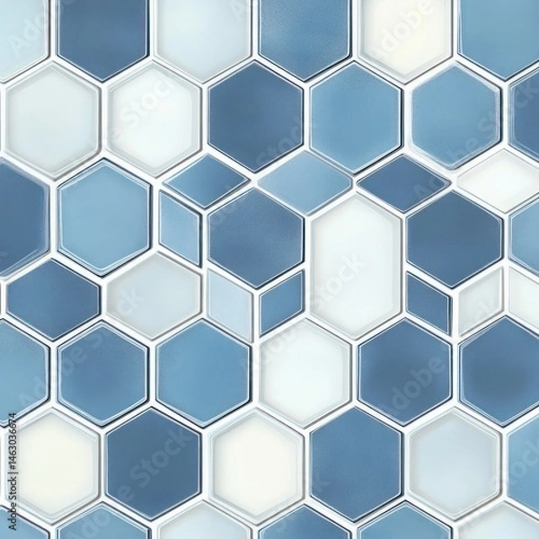 Fototapeta Seamless pattern of blue and white hexagonal tiles in varying shades forming a geometric mosaic with a cool, calming aesthetic