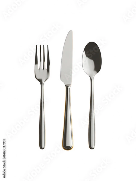 Fototapeta Elegant silverware set knife fork spoon on food meal dark metal shiny on transparent background