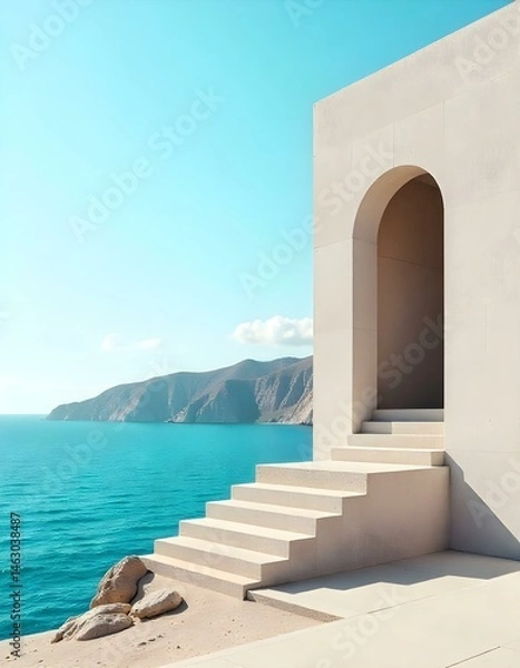 Fototapeta Minimalist architecture with concrete building, stairs leading to a platform with railing, ocean in the background, bright sky