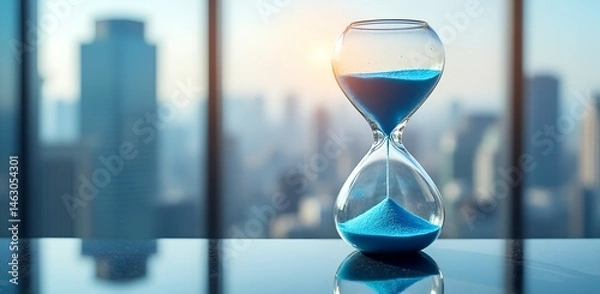 Fototapeta Time's Passage: A meticulously crafted hourglass, filled with vibrant blue sand, stands as a striking metaphor for time. Positioned near a sleek glass window, overlooking an urban skyline.