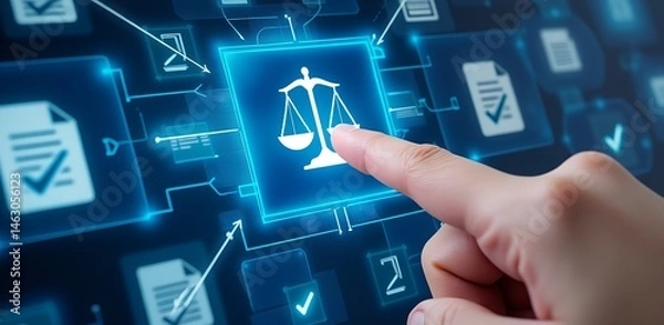 Fototapeta Digital Justice: A hand extends toward a glowing blue icon depicting a scale of justice, signifying the pursuit of fair and impartial legal decisions in the digital age.