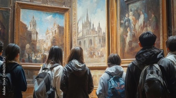 Fototapeta Art Appreciation: A Group of Young Adults Immersed in Masterpieces at an Art Gallery