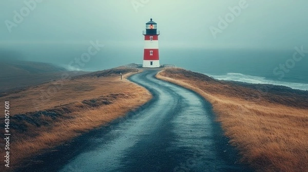 Fototapeta Lighthouse on a Misty Coastline, a Serene Coastal Landscape