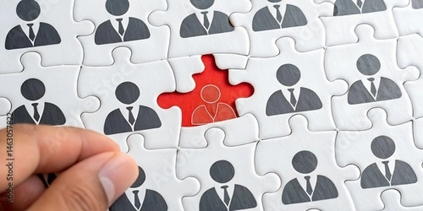 Fototapeta Missing Piece: A close-up shot showcases a hand positioning the missing puzzle piece, with a symbol of a person, in the assembled puzzle, representing the critical importance of personnel.