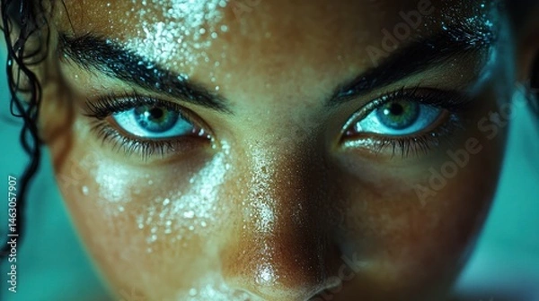 Fototapeta Close-up Portrait of a Woman with Sweaty Skin and Intense Gaze, Capturing Strength and Beauty