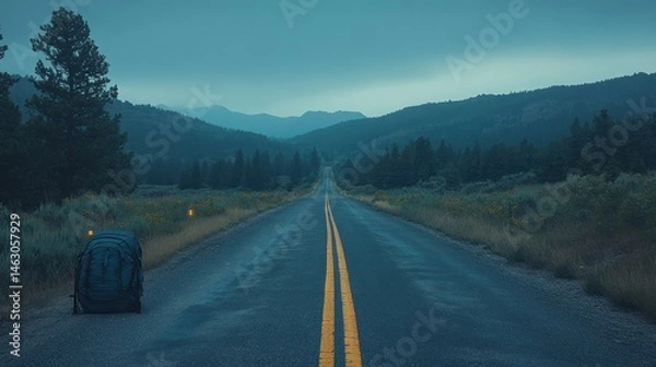 Fototapeta Solitude on the Open Road: A Backpacker's Journey Through Majestic Mountains