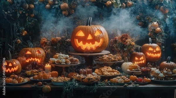 Fototapeta Spooky Halloween Feast: Jack-o'-lanterns and autumnal treats adorn a table, creating a mesmerizing Halloween scene.
