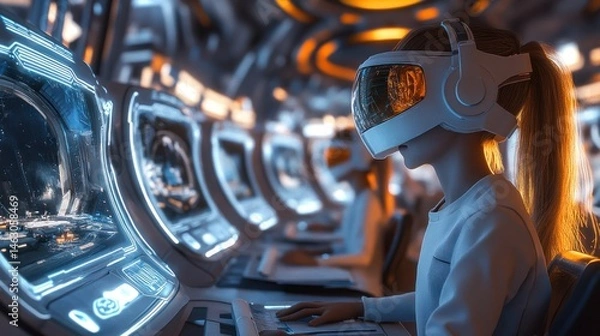 Fototapeta Futuristic Girl in VR Headset Navigating Spaceship Control Room