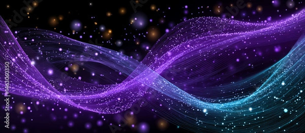 Fototapeta Abstract image features glowing waves and particles with color gradients on a dark background
