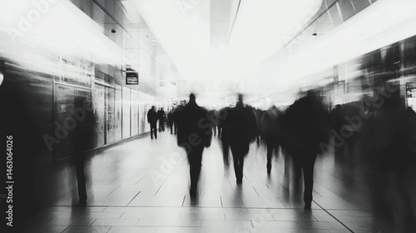 Fototapeta Numerous individuals walk quickly in a bright, spacious city environment, creating a dynamic sense of motion