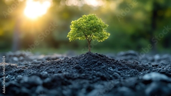 Fototapeta Small tree growing from soil with sunlight in background representing new life.