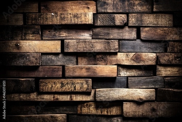 Fototapeta Wooden wall panels in varying shades of brown and dark tones.  Intricate, interlocking rectangular pieces create a textured surface