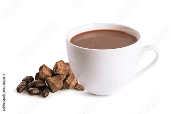 Fototapeta Cup of hot cocoa drink with cocoa mass and cocoa beans  isolated on white background.