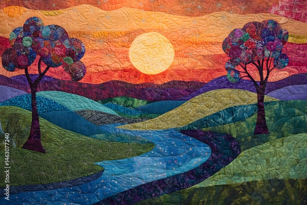 Obraz Harmonious Patchwork: The Dreamscape of Dusk in Quilted Art Exploration
