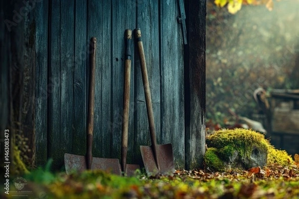 Fototapeta Three rustic shovels lean against a weathered wooden wall amidst fallen leaves and a mossy stone in autumn.