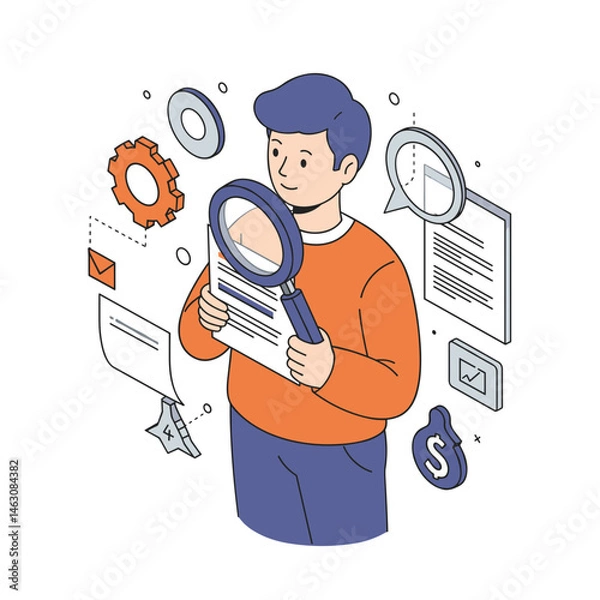 Fototapeta Curious person examining documents with a magnifying glass  