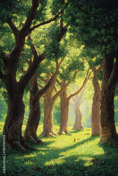 Obraz The Symbiotic Harmony of Quadruplet Trees in a Verdant Glade: A Testament to Nature's Unity and Resilience