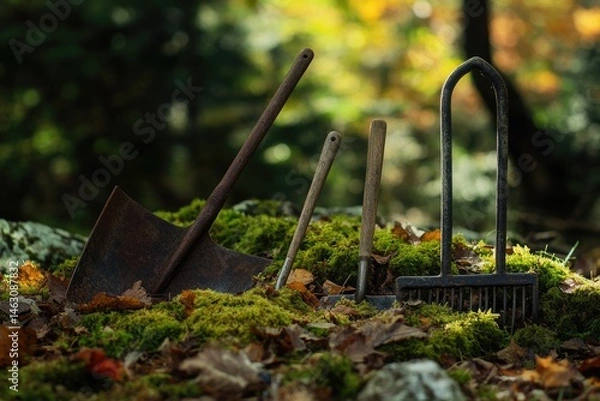 Fototapeta An assortment of old, rusty garden tools nestled among green moss and fallen leaves in an autumnal setting.