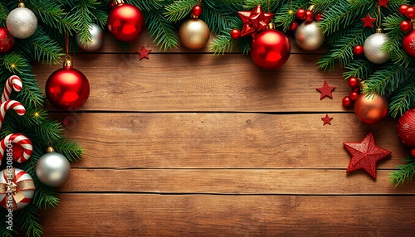 Fototapeta Christmas garland border with ornaments on wooden background – festive holiday frame


