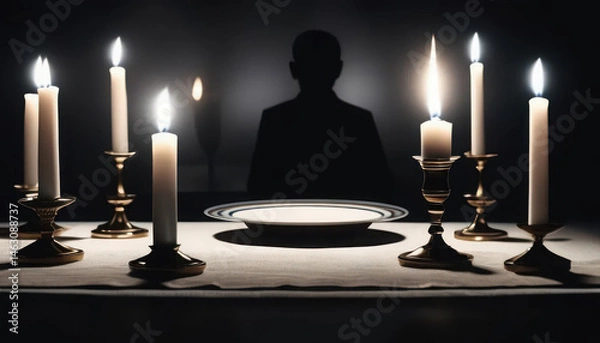 Fototapeta Candlelit table setting with silhouette and empty plate