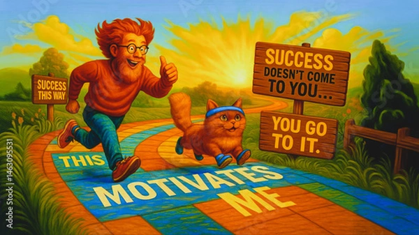 Obraz Man running with cat on motivational path at sunrise