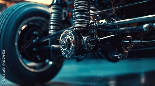 Fototapeta Detailed view of custom hot rod chassis showcasing chrome suspension and wheels