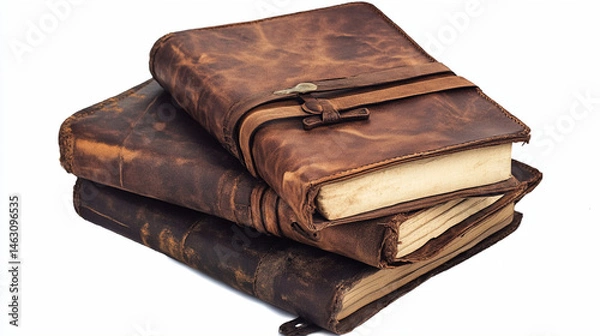 Fototapeta old vintage leather brown cover books on isolated white background.ai 