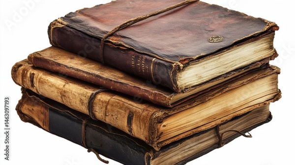 Fototapeta old vintage leather brown cover books on isolated white background.ai 