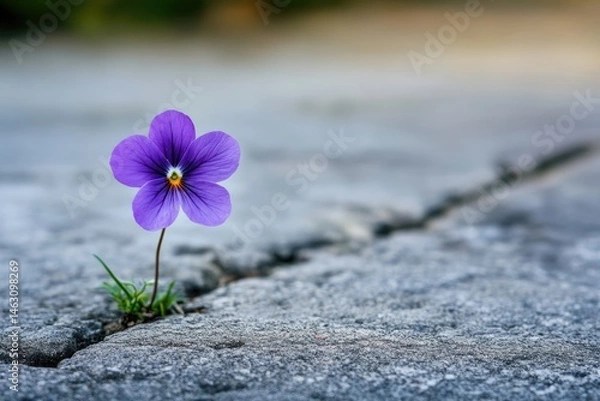 Fototapeta A vibrant purple pansy blooms defiantly from a crack in the harsh concrete, symbolizing resilience and the beauty of nature's tenacity.