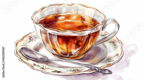 Fototapeta black tea in a ceramic cup watercolor illustration on white background.ai 