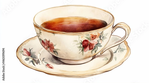 Fototapeta black tea in a ceramic cup watercolor illustration on white background.ai 