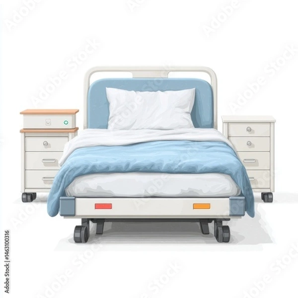 Obraz Clean and modern hospital bed with bedside tables in a bright and sterile environment
