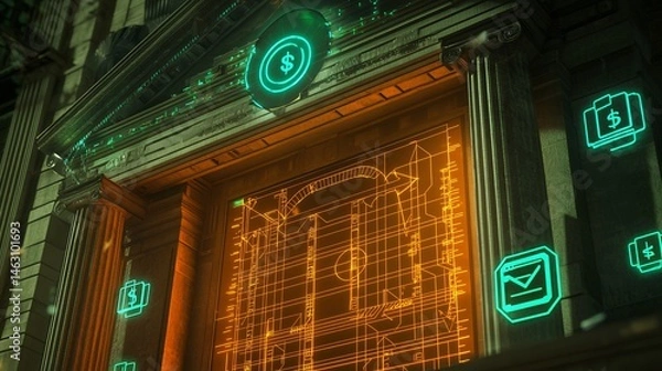 Fototapeta 70 3d Render of a Digital Commerce Framework Where Trade Icons Finance Symbols and Monetary Routes Glow Through a High Tech Cyberbanking Environment