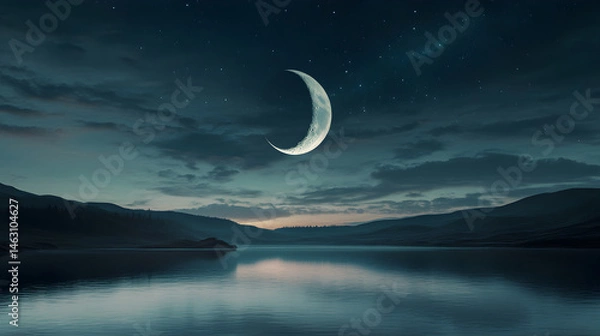 Obraz Serene Nightscape: A Quarter Moon's Tranquil Glow Over Reflective Waters and Silhouette Hills