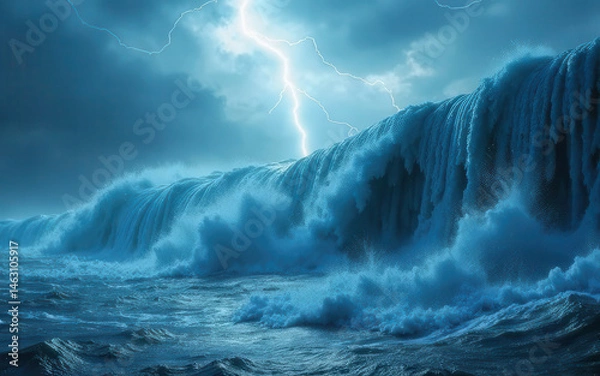 Obraz Stormy ocean waves crashing under lightning