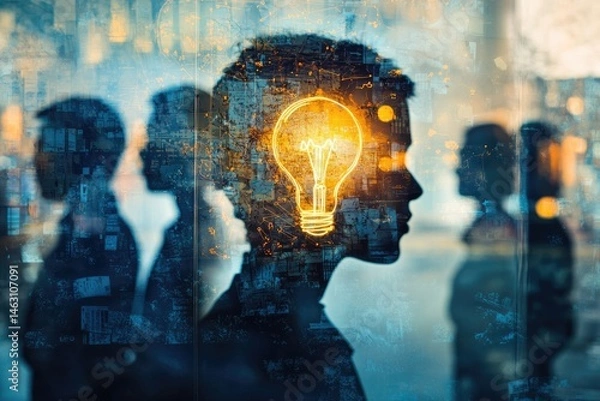Fototapeta Abstract image showcasing a group of silhouettes with a glowing lightbulb symbolizing innovation and collaborative thinking.
