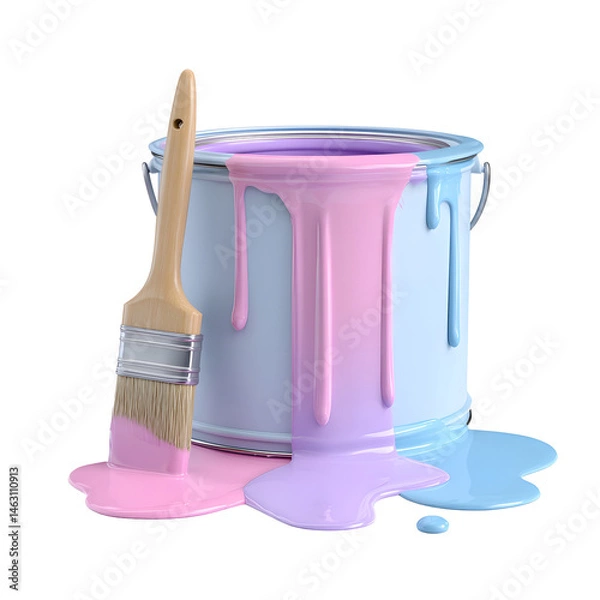 Fototapeta A 3D render of a round glossy paint bucket in soft pastel colors with a vibrant color spill and a small paintbrush leaning against it set against a clean white background