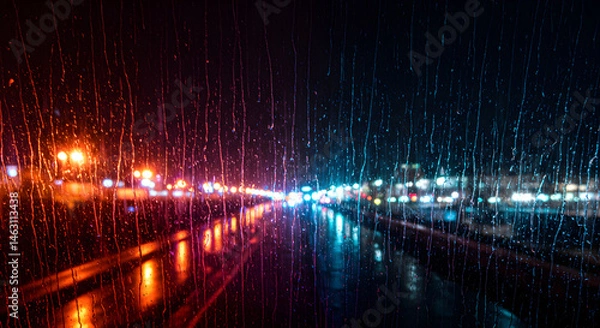 Obraz City Lights Reflected Through Raindrops on a Window at Night