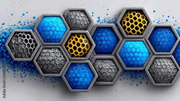 Fototapeta Tech-inspired abstract with layered hexagons and digital dots in cool grays and teal blue, arranged symmetrically