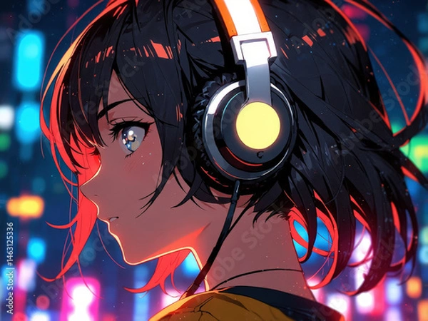Obraz Anime Girl with Headphones: Vibrant Neon City Night Illustration - Stylish Urban Teenager in Digital Art and Futuristic Expression