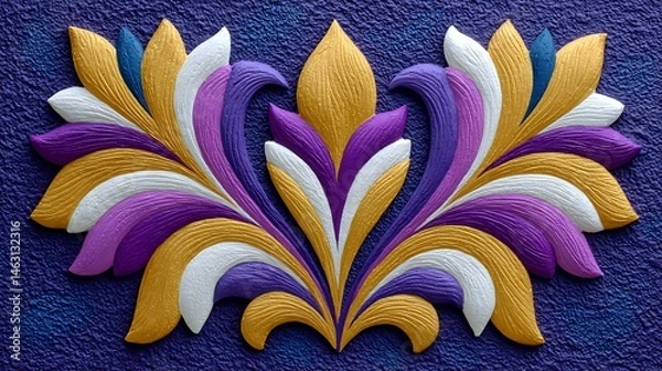 Fototapeta Textured royal purple canvas with woven gold filigree lines in the shape of regal crests, appearing softly through light and shadow transitions