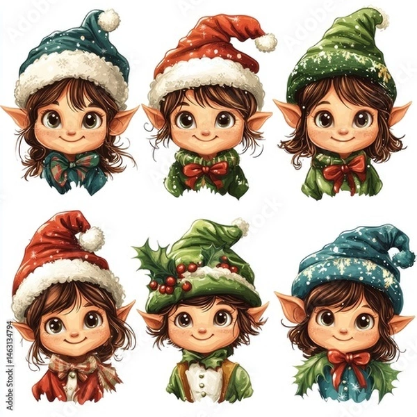 Obraz Cute Christmas elves in various festive hats