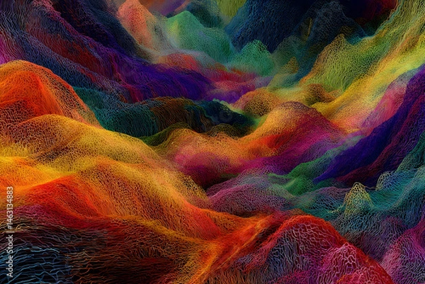 Fototapeta Colorful abstract digital landscape of textured mountains.