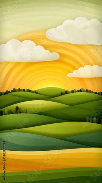 Fototapeta Summer Solstice nature, Colorful cartoon landscape with rolling hills and vibrant sky creates serene atmosphere