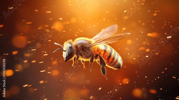 Fototapeta Summer Solstice nature, Bee in flight surrounded by glowing particles, creating warm and vibrant atmosphere