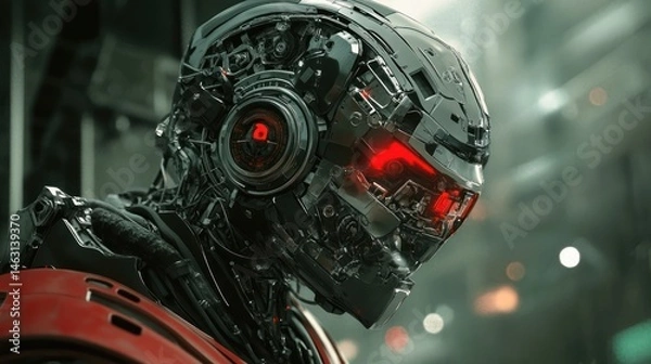 Obraz Cybernetic warrior with glowing red eyes in a futuristic cityscape setting
