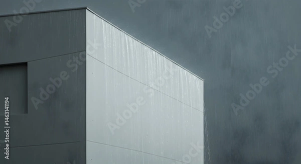 Obraz Gloomy Weather With Metallic Building And The Falling Rain In Monochrome