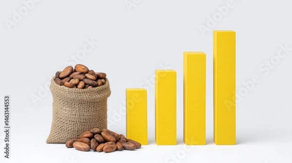 Fototapeta Cocoa beans in burlap sack beside rising yellow bar graph representing growth in cacao industry and agricultural trade trends.