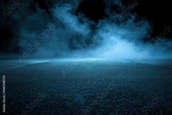Fototapeta Dark, smoky, blue-lit asphalt ground.  Low-angle view of a dark asphalt surface, bathed in a cool blue light, with smoky haze filling the upper portion of the image