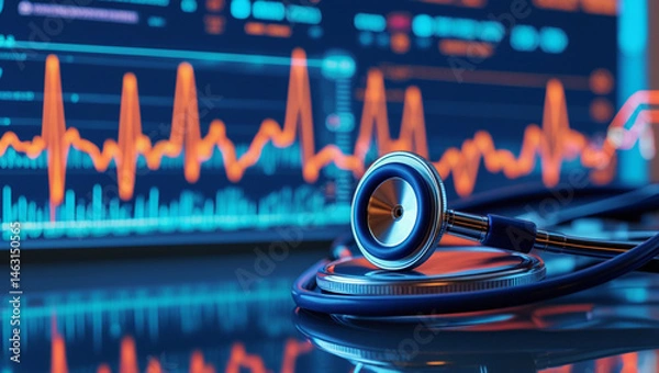 Obraz A stethoscope rests on a digital health chart, symbolizing the intersection of medical technology and data analysis in healthcare
